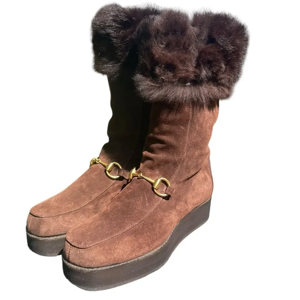 GUCCI Horsebit Gold Accent Boots Brown Suede Fur Cuff And Lined Platform Size 5